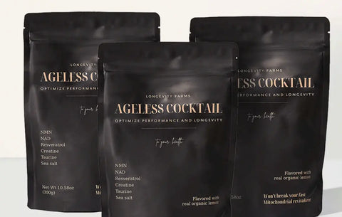 NMN and NAD+ supplement pouches labeled Ageless Cocktail from Longevity Farms.