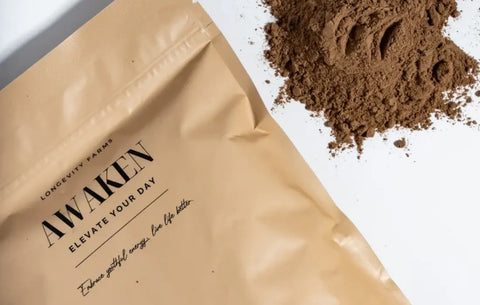 Best NAD+ booster supplement Awaken cocoa mushroom powder from Longevity Farms.