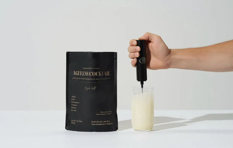 Resveratrol for skin featured in Ageless Cocktail being mixed into a creamy drink with a handheld frother.