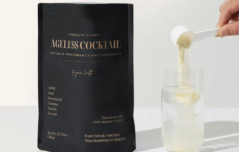Anti-aging drink powder from Ageless Cocktail being poured into a clear glass of water