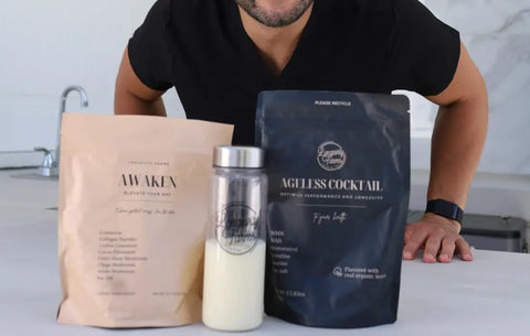 Drinks for energy featuring Awaken and Ageless Cocktail supplements displayed with Longevity Farms shaker.